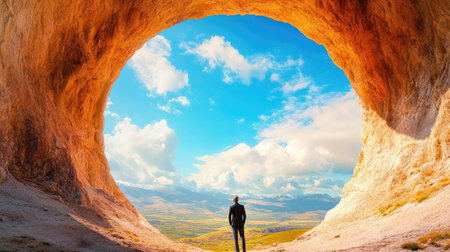 A captivating scene featuring a person standing inside a large natural arch, gazing at a stunning sky and expansive landscape beyond. The vibrant colors and clouds convey a sense of adventure and tranquility.の素材