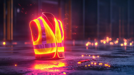 This striking image features a vibrant safety vest standing out in a dark urban setting, emphasizing the significance of visibility and safety in various environments.の素材