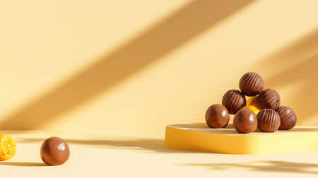 A visually appealing arrangement of chocolate sweets on a vibrant yellow background, showcasing the smooth texture and indulgent nature of these delights.の素材