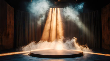 A captivating scene featuring a spotlight illuminating an empty stage surrounded by fog and smoke, ideal for showcasing performances and creative events.の素材
