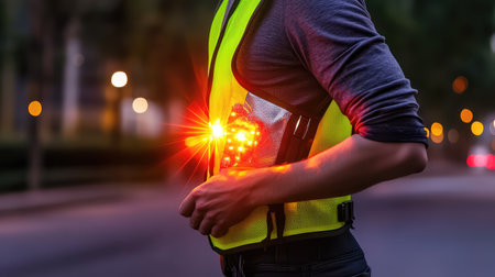 A person wearing a bright LED safety vest stands on a nighttime urban street, showcasing the importance of visibility and safety for outdoor workers.の素材
