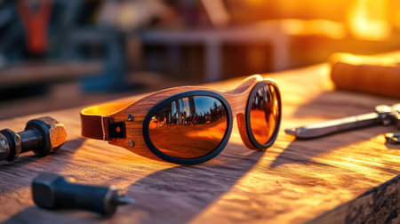 A pair of distinctive wooden sunglasses rests on a rustic workbench, reflecting the beautiful autumn sunset. Ideal for showcasing unique fashion and craftsmanship.の素材
