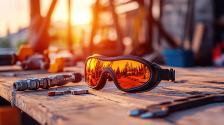 Close-up of safety goggles with reflective orange lenses resting on a wooden workbench, surrounded by tools during a beautiful sunset in a workshop.の素材