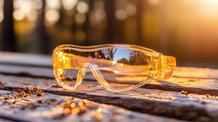 This image captures a pair of protective safety goggles resting on a wooden table during a serene sunset. The warm light creates a glowing reflection, highlighting the eyewear's clear design against a beautiful nature backdrop. Perfect for themes around safety, work, or outdoor activities.の素材
