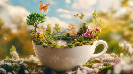 A unique and imaginative scene featuring a cup filled with vibrant greenery, colorful flowers, and butterflies, creating a serene nature escape.の素材