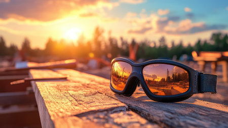 A pair of stylish sunglasses are placed on a weathered wooden surface, capturing the essence of a tranquil sunset. The vibrant reflections in the lenses showcase a beautiful evening, highlighting the warm tones of nature along with the scenic surroundings. This image embodies relaxation and outdoor leisure.の素材