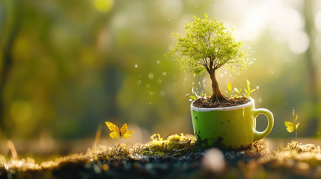 A small green tree emerges from a vibrant cup, surrounded by delicate butterflies in a serene sunlit forest. This enchanting scene captures the essence of natureの素材
