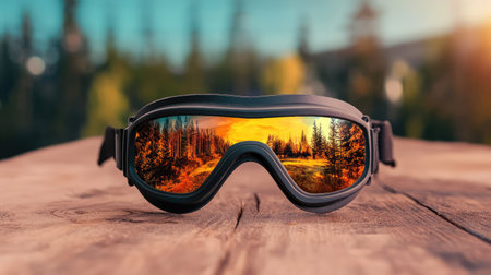 Stunning close-up of ski goggles on a rustic wooden table, capturing a beautiful landscape reflection that highlights the vibrant hues of nature.の素材