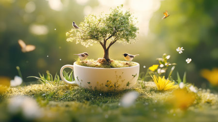 A delightful scene featuring a miniature tree growing from a tea cup, surrounded by cheerful birds and colorful flowers. This enchanting composition captures the essence of nature and whimsy, creating a serene and peaceful atmosphere. Perfect for art, design, or nature-themed projects.の素材