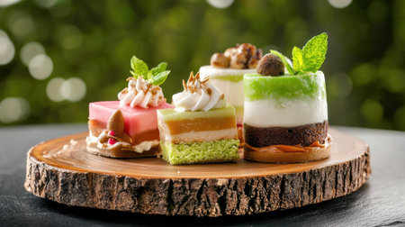 This captivating image features a variety of miniature cakes elegantly arranged on a rustic wooden platter, showcasing vibrant colors and textures. Perfect for dessert enthusiasts.の素材