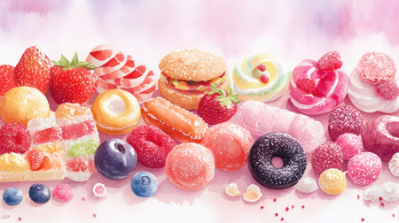 A delightful assortment of sweet treats including cakes, candies, and fruits designed to evoke joy and indulgence, perfect for any dessert lover.の素材
