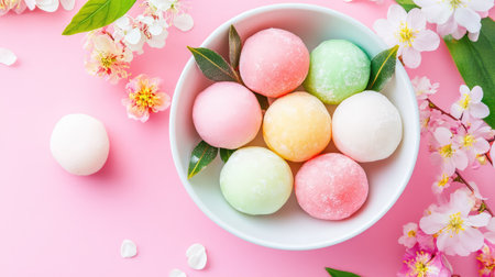 A delightful assortment of colorful mochi balls presented in a white bowl, surrounded by beautiful floral accents. Perfect for dessert inspiration.の素材