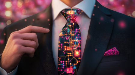 A businessman in a sleek suit showcases a tie featuring a vibrant digital circuit pattern. The artistic background enhances the modern and innovative theme.の素材