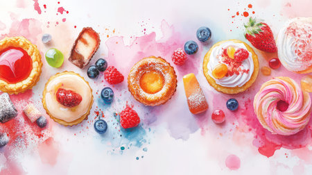 A vibrant display of assorted desserts featuring fruits and sweet toppings on a colorful splash background. Perfect for food-related themes.の素材