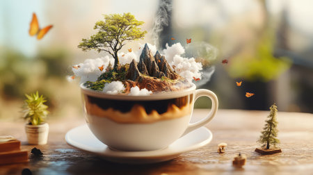This enchanting image captures a surreal scene of a coffee cup transforming into a beautiful landscape, complete with a tree, mountain, and fluttering butterflies.の素材