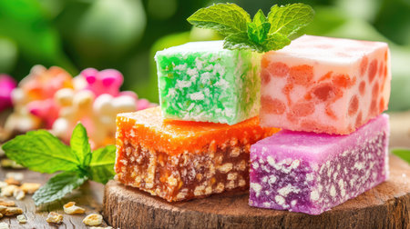 This image showcases a charming arrangement of colorful Turkish delights atop a rustic wooden surface. Each square treat, garnished with fresh mint, highlights delightful flavors and textures, perfect for festive occasions.の素材
