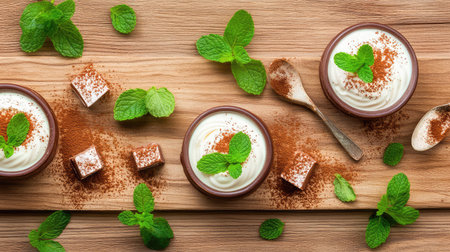 An inviting arrangement featuring creamy dessert topped with fresh mint and cocoa powder. Perfect for culinary art displays or food styling.の素材