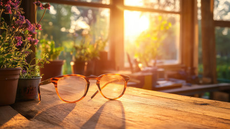 A serene scene featuring vintage glasses on a rustic wooden table, illuminated by warm sunlight and surrounded by beautiful plants, evoking tranquility.の素材