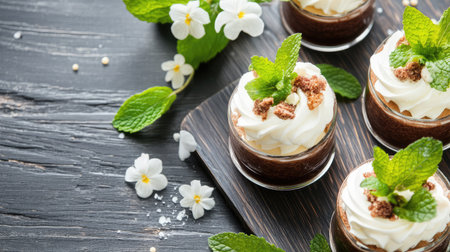 A tempting visual of chocolate desserts topped with whipped cream and mint, elegantly presented on a rustic wooden platter, perfect for any celebration.の素材