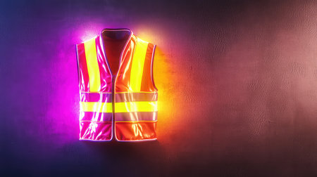 This image features a bright safety vest illuminated with vibrant neon colors, showcasing its reflective design against a dark background, ideal for safety and construction themes.の素材