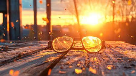 A stunning image of reflective glasses resting on a rustic wooden table, with a vibrant sunset casting warm colors and floating leaves creating a tranquil atmosphere.の素材