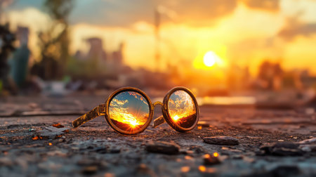 A pair of stylish sunglasses rests on a textured surface, beautifully capturing the golden hues of a sunset reflecting the urban skyline, evoking a sense of peace.の素材
