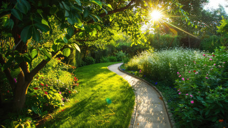 Experience the beauty of a serene garden pathway illuminated by sunlight. Lush greenery and vibrant flowers create a peaceful outdoor retreat perfect for relaxation.の素材