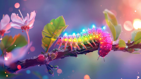 A mesmerizing colorful caterpillar rests on a branch adorned with spring blooms, surrounded by sparkling lights, embodying a whimsical nature scene.の素材
