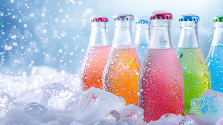 This image features a variety of colorful bottles filled with soft drinks, set on ice and glistening with droplets of water, creating a refreshing summer vibe.の素材