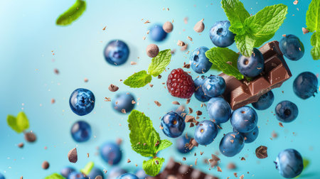 A lively scene showcasing rich chocolate pieces surrounded by fresh blueberries and raspberries, complemented by vibrant mint leaves, creating an enticing visual treat.の素材