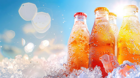 A visually striking image of sparkling soda bottles with ice and foam, capturing the joy and refreshment of summer. Perfect for beverage themes.の素材