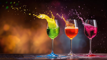 This captivating image features vibrant colorful drinks splashing in three glasses, creating an energetic and festive atmosphere. Perfect for promotional materials.の素材