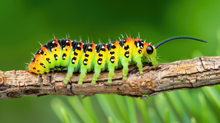 A vibrant caterpillar showcasing striking colors of green, orange, and black, gracefully crawling on a branch in its natural habitat, captured in close-up.の素材