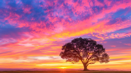 A breathtaking scene featuring a solitary tree silhouette against a vibrant and colorful sunrise sky. The striking clouds create an awe-inspiring backdrop, highlighting the beauty of nature at dawn. The peaceful landscape invites reflection and admiration, showcasing the serene elegance of the outdoors.の素材