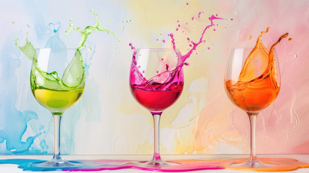 Stunning image featuring vibrant splashes of liquid in three glasses, creating a joyful and dynamic scene against a soft pastel background, perfect for celebrations.の素材