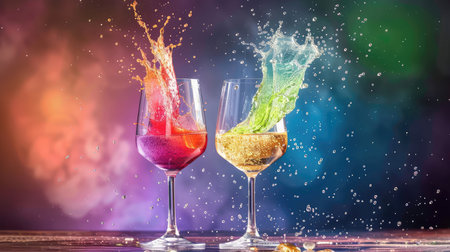 Two elegant glasses display colorful juices splashing, surrounded by vibrant lights and a dramatic background, capturing the essence of refreshing moments.の素材