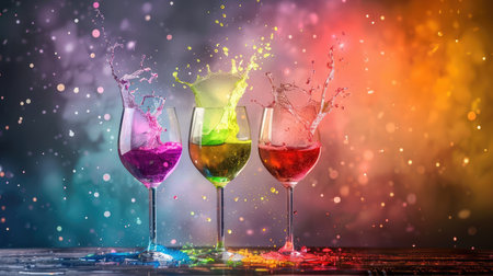 A stunning capture showcasing colorful liquids splashing from glasses, perfect for themes of celebration, parties, and creativity in a vibrant setting.の素材