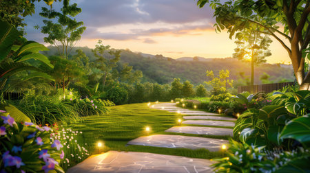 This captivating image depicts a serene garden pathway illuminated by soft lights at sunset, surrounded by lush greenery and vibrant flowers, creating a tranquil outdoor atmosphere.の素材