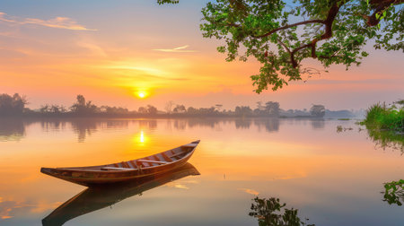 A breathtaking view of a serene sunset illuminating calm waters, showcasing a traditional boat resting quietly amidst lush greenery. A perfect scene for relaxation.の素材
