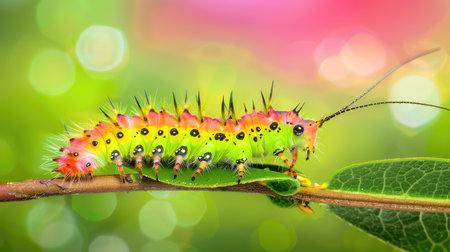 This captivating image features a vividly colored caterpillar perched on a green leaf, showcasing detailed textures and bright hues against a soft bokeh background.の素材