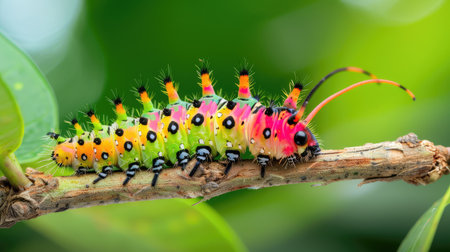 A striking close-up of a colorful caterpillar resting on a green branch, showcasing vibrant colors and delicate textures amidst a lush natural environment.の素材