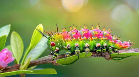 A striking close-up of a colorful caterpillar perched on a leaf. This vibrant image captures intricate details against a softly blurred natural background, showcasing nature's beauty.の素材