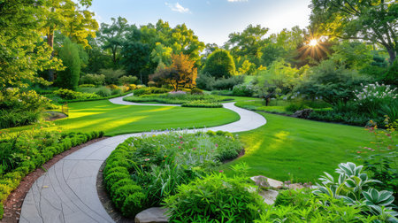 A tranquil garden pathway meanders through lush greenery, adorned with vibrant flowers under a bright sunrise, creating a peaceful natural escape.の素材