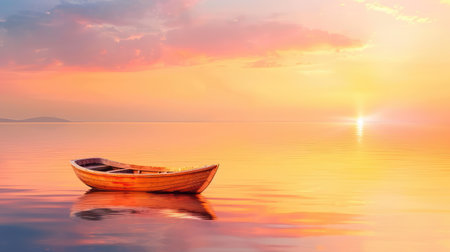 A stunning sunset scene featuring a solitary wooden boat floating on calm water, surrounded by vibrant colors. This tranquil setting evokes peace and serenity.の素材