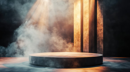 A captivating image of a circular platform surrounded by shafts of light cutting through mist, perfect for theatrical or artistic themes.の素材