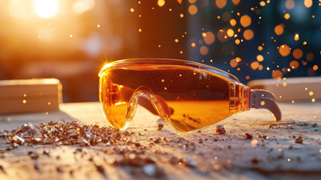 A close-up image of vibrant safety goggles on a wooden surface, surrounded by sparkling particles and warm sunset light, emphasizing eye protection and craftsmanship.の素材