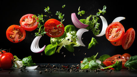 An artistic display of fresh vegetables soaring through the air captures the essence of healthy cooking and culinary creativity. Ideal for food enthusiasts!の素材