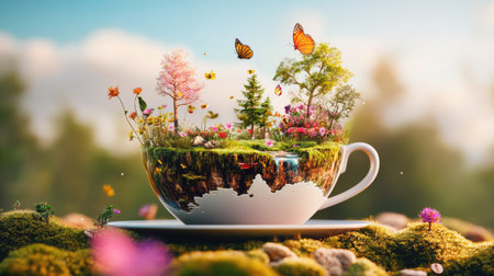 A whimsical scene showcases a cup overflowing with vibrant greenery and colorful butterflies, embodying a deep connection between nature and imagination.の素材