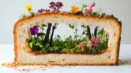 A unique food art piece featuring a slice of bread creatively carved to reveal a miniature garden with vibrant flowers and greenery, blending nature and cuisine.の素材