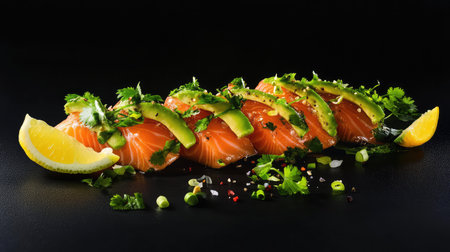 A stunning arrangement of fresh salmon slices layered with creamy avocado, garnished with herbs and lemon, showcasing vibrant colors and textures.の素材